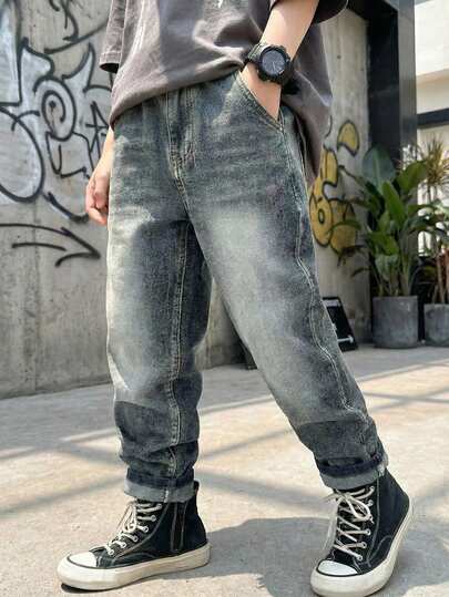 Vintage Distressed Gradient Wash Skinny Fit Stretch Denim Jeans For Teenage Boys, Casual Street Style Recommended Streetwear Jeans Vintage Wash Jeans