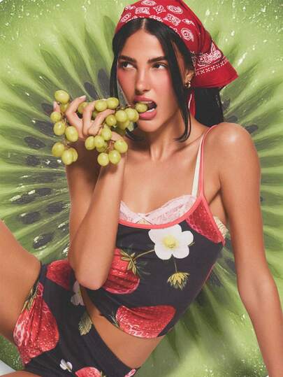 MISSGUIDED Women's Strawberry Print Two Piece Co-Ord Set Crop Cami Tank Top And Shorts Summer Fruit Pattern Casual Outfit