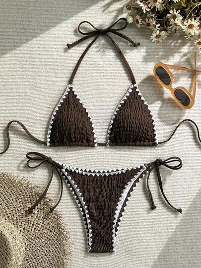 Swim Vcay Women's Two Pieces Solid Color Ruffled Floral Crafted Casual Bikini Set,Weddings & Events, Crochet Trim Bikini, Brown Bikini Set,Valentine's Day