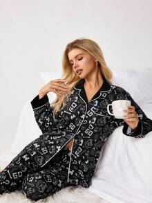 MONOPOLY X SHEIN Women's Geometric Print Single-Breasted Long Sleeve Top And Wide-Leg Pants Casual Loungewear Set - Black - View 7