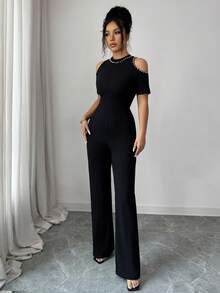 Elenzya Mono elegante de mujer con hombros descubiertos y decoración de perlas falsas, adecuado para primavera, verano y otoño, para uso diario, ir al trabajo y citas - Negro - Ver 6