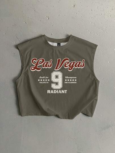 StoneGrade Top corto de ajuste holgado con estampado gráfico de fuente verde oliva en estilo retro americano, vestimenta casual y de moda para citas y reuniones, regalo para el novio