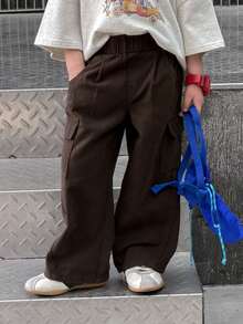 DAZY Pantalones vaqueros casuales anchos de pierna ancha con bolsillos cargo para niño - Marrón - Ver 3
