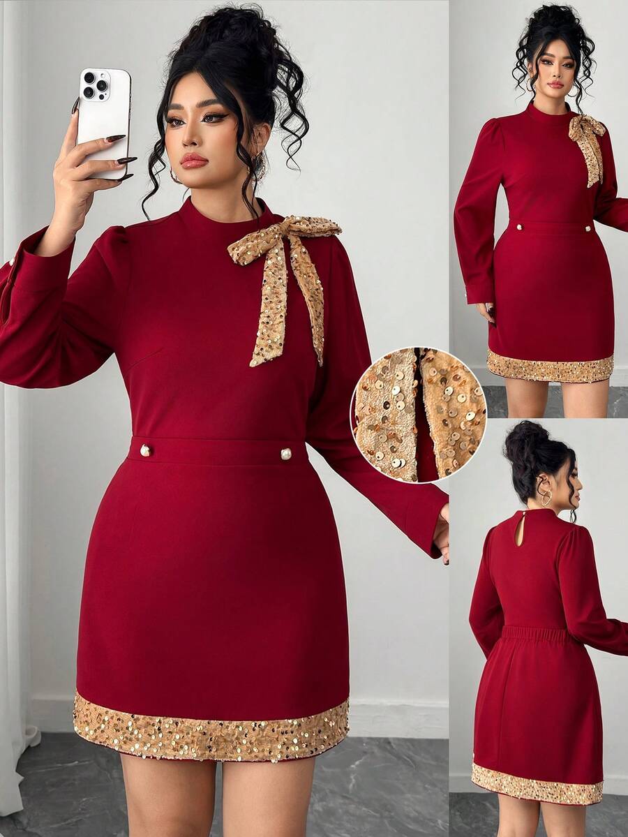 Elenzga Große Größen 2 Stücke Set mit elegantem, vielseitigem Knopfdekor-Top & Bindetaille-Rock, romantische Elemente, geeignet für den Valentinstag - Rot - Übersicht 1