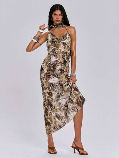 ROMWE Spring/Summer Y2K Sexy Vacation Beaded Strap Decor Floral Print Maxi Dress
