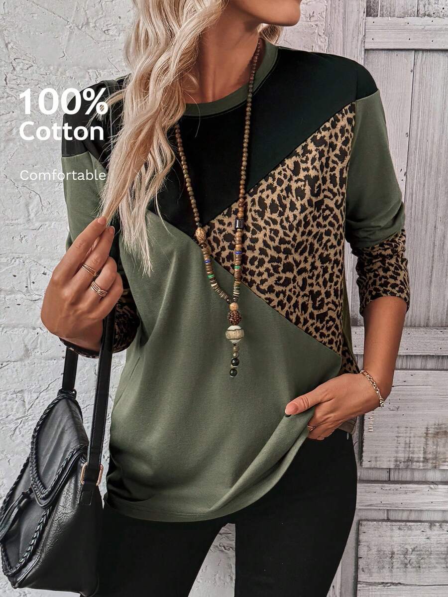 EMERY ROSE Women Casual Colorblock Leopard Print T-Shirt, Autumn - Multicolor - View 1