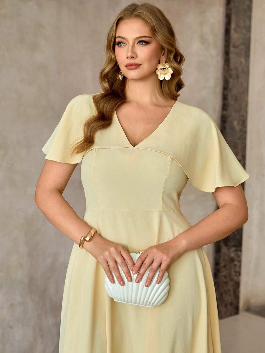 Roveilla Women's Spring/Summer Crinkle French Elegant Chic Office Commute Casual Vacation Romantic Sexy V-Neck Back Tie Elastic Waist Puff Sleeve A-Line Light Yellow Dress - Light Yellow - View 1