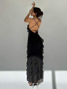 Aloruh Váy không tay hở lưng nhiều lớp nhún bèo trơn phong cách nữ thần thanh lịch mùa xuân/hè có tác dụng làm thon gọn và tăng chiều cao, váy dài bó sát màu đen trơn không tay dây mảnh thanh lịch cho nữ, trang phục dự tiệc/hộp đêm mùa xuân/hè - màu đen - Xem 2