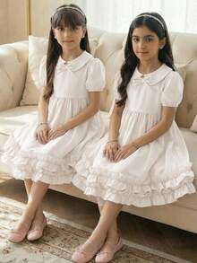 SHEIN 青少年女孩純色彼得潘領泡泡袖收腰蝴蝶結洋裝 - 杏色 - 查看 7