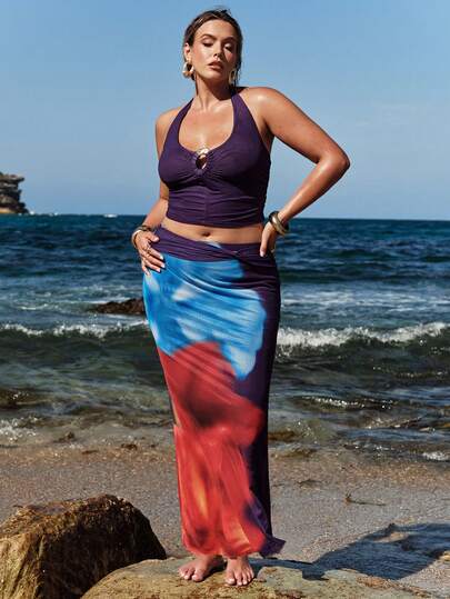 SHEIN BAE Dwuczęściowy komplet damski w kolorze fioletowym, metalicznym, z marszczeniami na halce i kontrastową spódnicą