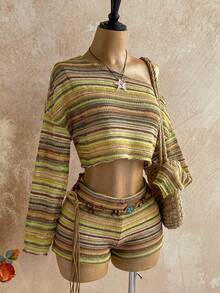 Soleia 2pcs Women Striped Asymmetric Neck Long Sleeve Top And Shorts Set - Olive Green - View 5