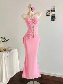 Soleia 新款度假西部海滩婚礼宾客礼服，毕业早午餐，圣帕特里克节，春假，复活节，音乐节优雅波西米亚热带风情无肩带无袖蓝色网纱荷叶边两件套 - 藕粉色 - 查看 3