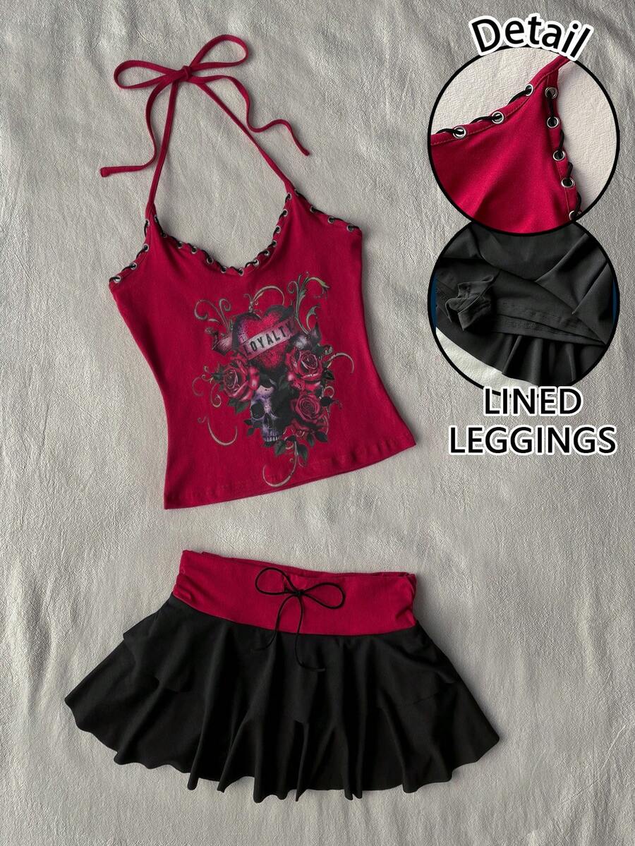 Attitoon Bộ đồ 2 mảnh dành cho nữ, phong cách retro Y2K Bohemian Hippie Punk dành cho lễ hội âm nhạc, áo hai dây và chân váy ngắn. - Nhiều màu - Xem 1