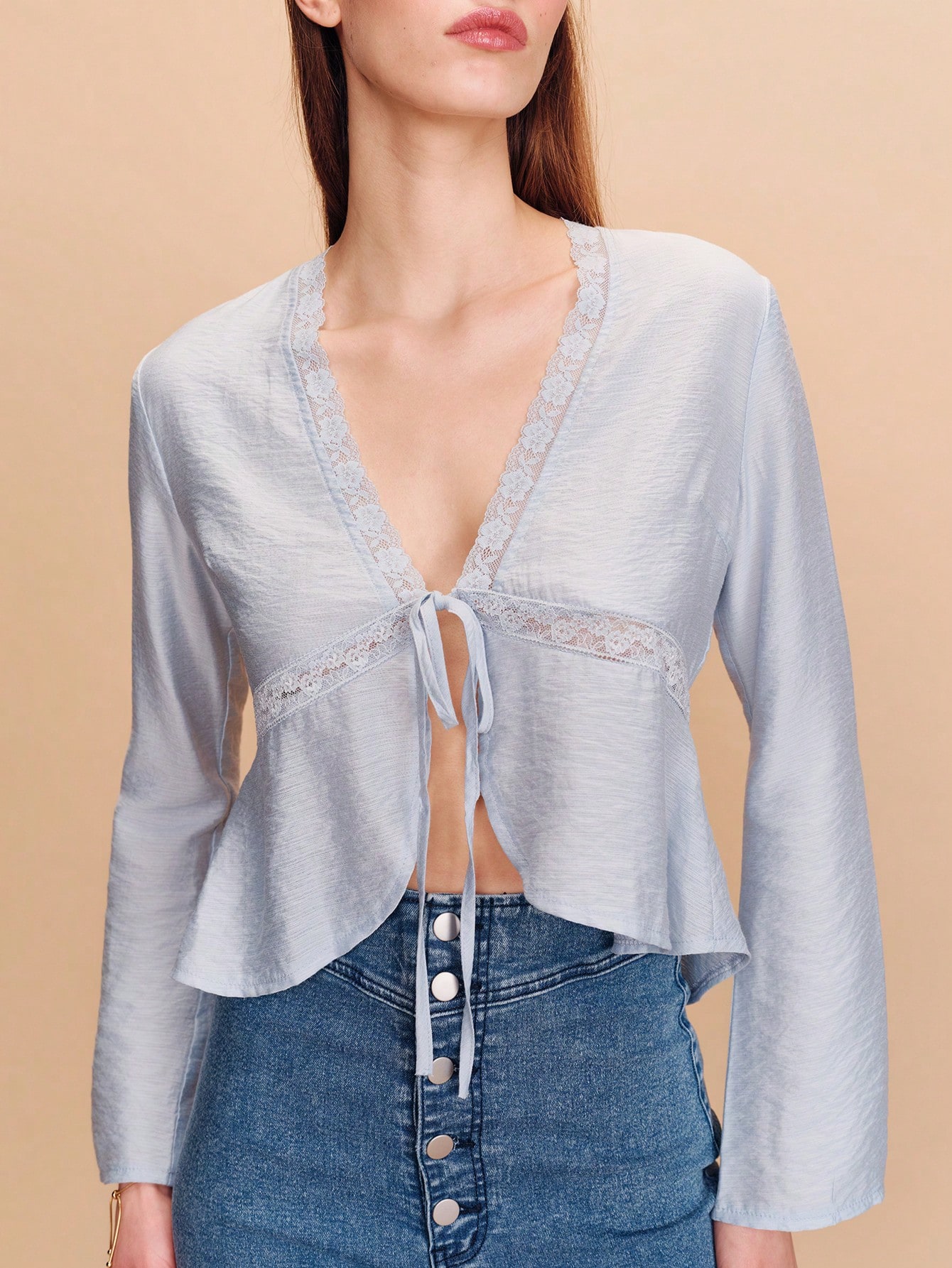 Sky Blue Tie Front Blouse With Lace Inset Details Boho Cute Spring Summer Vacation French Style Parisian Style