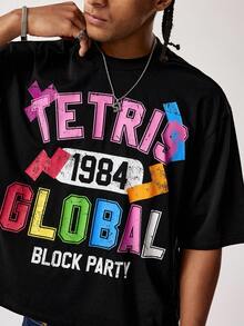 Tetris™ X SHEIN Men's Round Neck Letter & Number Print Casual Versatile Daily Wear Short Sleeve T-Shirt - Black - View 2