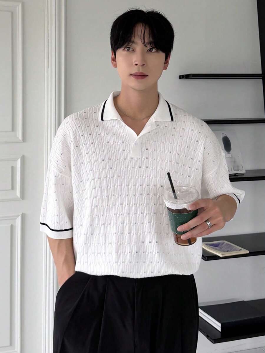 DAZY Men's Knit Top With Contrast Color Collar And Cuffs, Summer - Multicolor - View 1