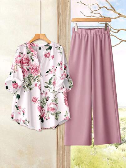 EMERY ROSE Härligt rosa rosmönster plusstorlek 2-delat set, lämpligt för mammor