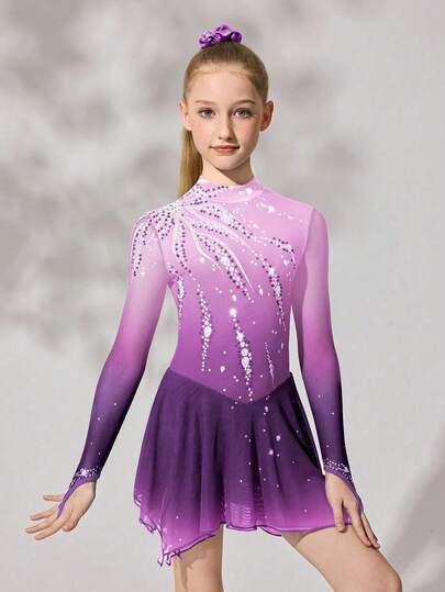 Tween Girls Purple Floral Figure Skating Dress, High Stretch Fitted Design With Sparkling Crystal Print, Smooth Flowing Mesh Skirt