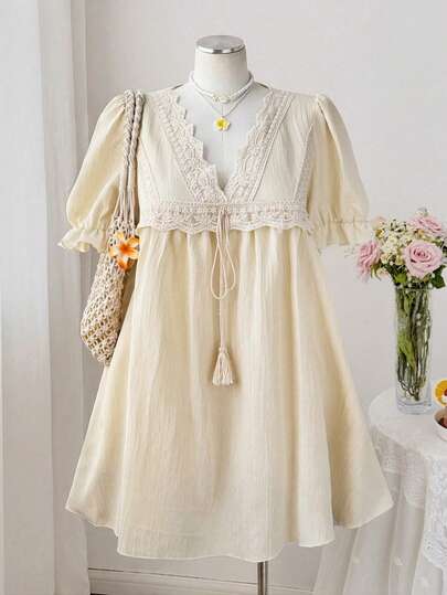 Sweetra Plus Size V-Neck Lace Patchwork Short Sleeve Ruffle Tie Waist Elegant Vintage Cute Casual Party Holiday Babydoll Dress