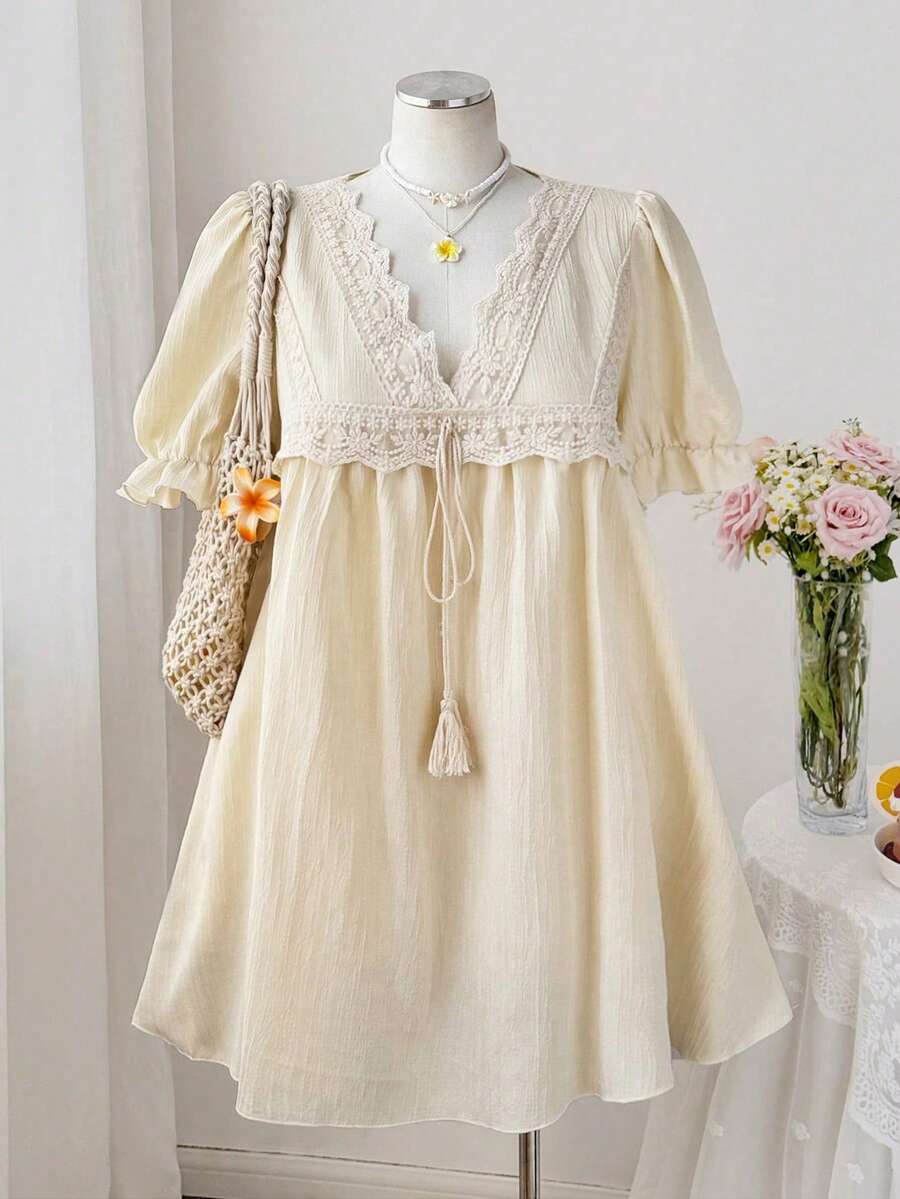 Sweetra Đầm babydoll cỡ lớn cổ chữ V phối ren tay ngắn xếp nếp thắt eo thanh lịch cổ điển dễ thương thường ngày dự tiệc ngày lễ - Màu be - Xem 1
