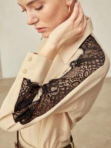 MOTF PREMIUM LACE PATCHWORK LINEN LONG SLEEVE SHIRT, VINTAGE STYLE - Khaki - View 3