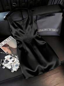 Qadelle French Style Black Bow Tie Acetate Camisole Mini Dress,Elegant Summer Waist Cinched Dress  Dinner Date,Parties,Graduations,Holidays,Weddings,Dances - Black - View 2