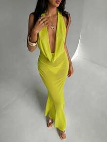 Aloruh Women's Vacation Dress, Elegant Sexy Fitted Shiny Fabric Plunging Neckline Flounce Hem Beach Cover Up Cover Ups For Swimwear - Green - View 4