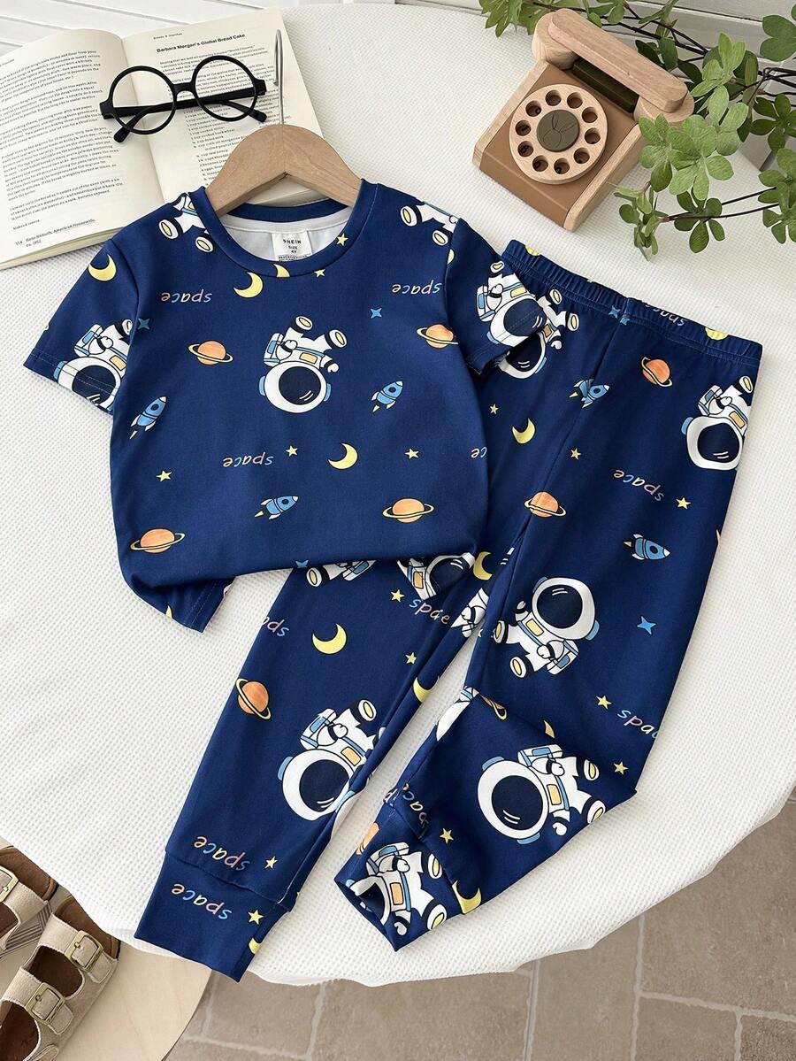 LMoss Kids 2pcs Young Boy Astronaut Graphic Knit Snug Fit Crew Neck T-Shirt And Leggings Pajama Set - Multicolor - View 1