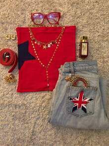 Glimmora Red Star Patch Crop Bandeau Top, Women Summer Sleeveless Tube Top, Y2K Contrast Star Applique Red Bandeau Top Slim Fit Strapless Crop Top, British Flag Star Detail Red Tube Top Summer Streetwear Strapless Bandeau - Red - View 3