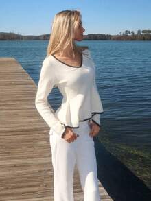 Sydney Algeri 性感修身时尚女式撞色滚边长袖收腰针织上衣 - 彩色 - 查看 4