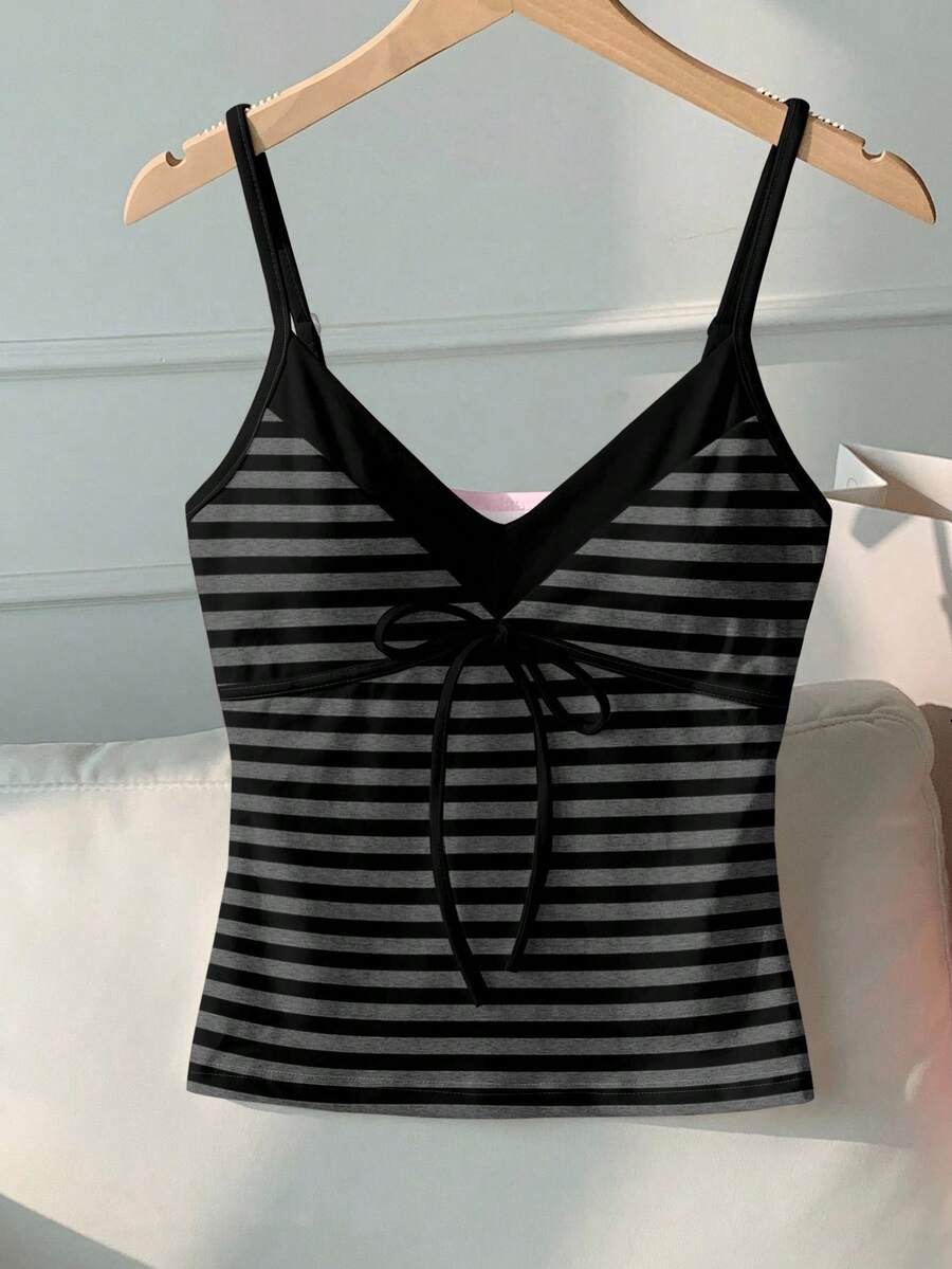 Comfortcana 女士黑灰条纹撞色系带吊带背心 – 可爱Y2K复古西部风节日软妹清新夏日瑜伽运动甜美约会休闲居家上学春夏度假 - 彩色 - 查看 1