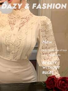 DAZY Women's Lace Patchwork Petal Sleeve Loose Blouse - Beige - View 3