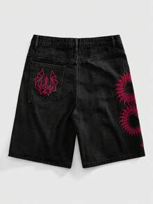 ROMWE MEN Quần short denim nam thường ngày đa năng với họa tiết thêu hình con rết và túi hai bên. - màu đen - Xem 2