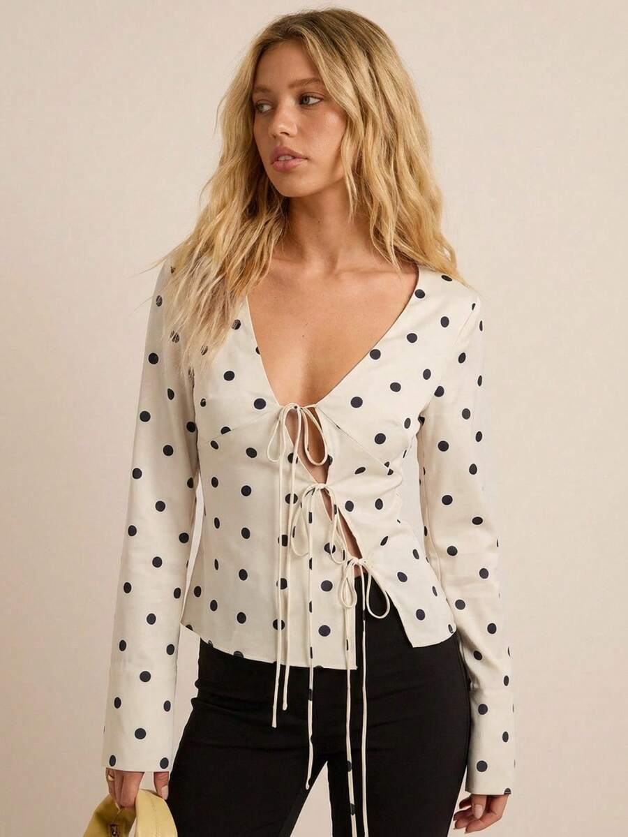 Easelle Cárdigan casual de manga larga con cuello en V y lazo frontal con estampado de lunares para mujer - Albaricoque - Ver 1