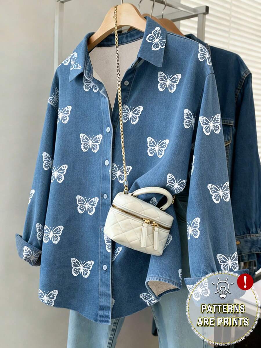 Resyla Camisa de mujer con efecto de mezclilla y estampado de mariposa retro - Multicolor - Ver 1