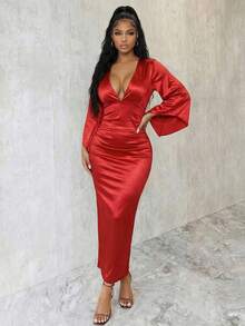 Eryvara Vestido largo con cuello en V, cintura plisada y mangas con volantes para mujeres - Rojo - Ver 6