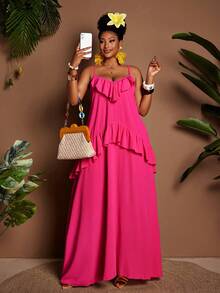 Maweii 大码女士度假连衣裙，纯色梭织无弹力面料，V领吊带设计，领口荷叶边，下摆荷叶边，大码喇叭裙摆，露背设计，适合派对、音乐节、海滩度假等场合，百搭款式，新款大码长裙 - 玫紅色 - 查看 7
