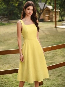 Vintamour 复古优雅女士连衣裙，带口袋和纽扣，休闲度假夏季服装，女士度假装，浪漫连衣裙，夏季连衣裙，沙滩装，90年代服装，优雅夏季服装，春季服装，春季连衣裙，夏季度假连衣裙，沙滩裙，太阳裙，复活节连衣裙，夏季服装，休闲连衣裙，黄色连衣裙 - 鵝黃色 - 查看 5