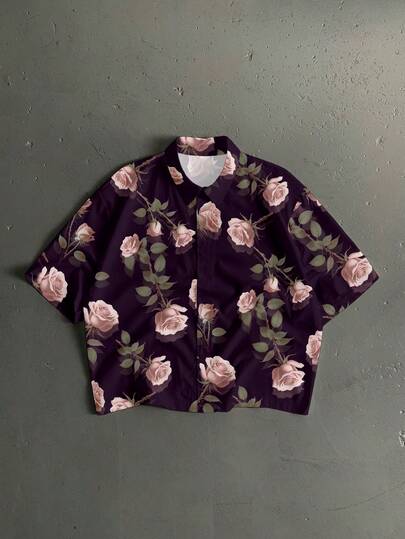 StoneGrade Camisa de manga corta holgada y corta con estampado floral morado, corte estándar para hombre. Esencial para citas y reuniones, regalo de pareja de moda para el novio