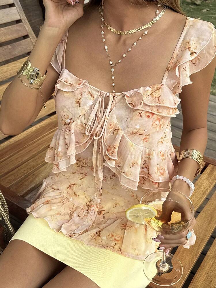 Yellow Floral Print Ruffle Hem Vacation Tank Top For Women, Suitable For Beach, Holiday, Party, Summer Babydoll Top Boho