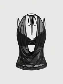 ROMWE Áo croptop nữ phong cách Y2K gợi cảm, hở lưng, cổ xếp nếp (bao gồm áo lót ren) - màu đen - Xem 1
