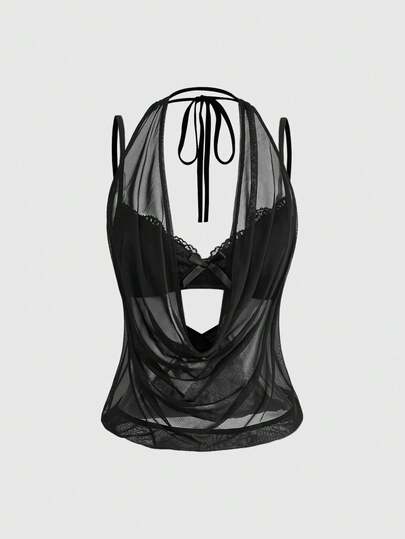 ROMWE Áo croptop nữ phong cách Y2K gợi cảm, hở lưng, cổ xếp nếp (bao gồm áo lót ren)