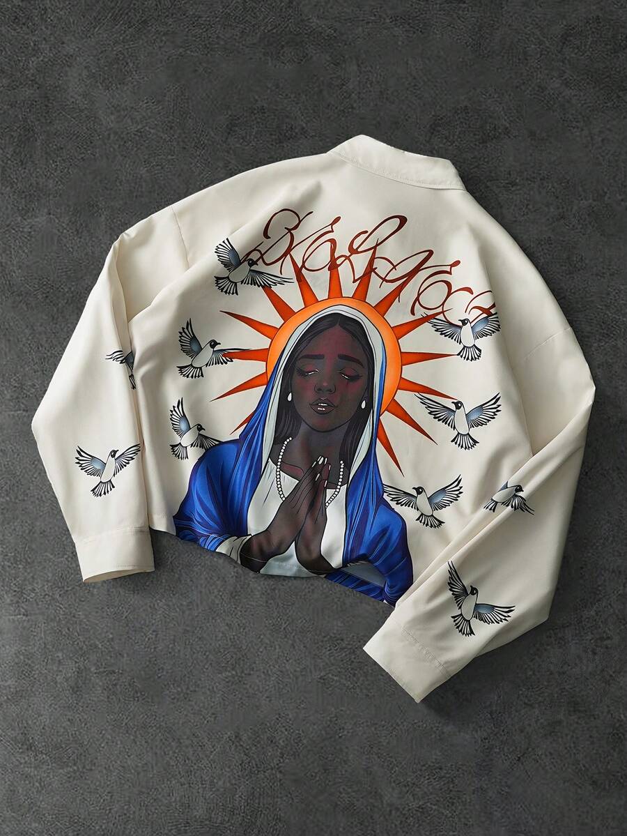 PAVTROS Men's Casual Printed Drop Shoulder Long Sleeve Shirt Graphic Jackets Virgin Mary Shirt - Multicolor - View 1