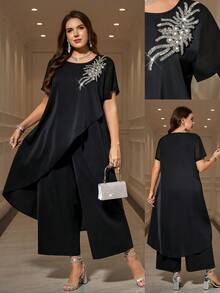 SHEIN Clasi Áo nữ mùa xuân họa tiết hoa màu hồng có viền bất đối xứng và quần ống rộng màu hồng rộng rãi, bộ 2 món cỡ lớn, trang phục thanh lịch hàng ngày lãng mạn - màu đen - Xem 9