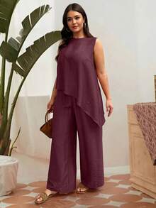 SHEIN Clasi Bộ đồ 2 mảnh không tay dáng rộng, thoải mái, cỡ lớn. - Màu Đỏ Sâu - Xem 3