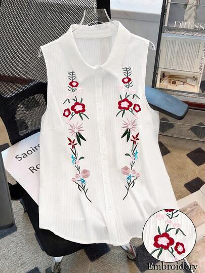 Breezaya Plus Size Elegant Floral Embroidered Sleeveless Shirt With Contrast Color, Simple Cut Design, Suitable For Daily Commute, Outing And Vacation Wear
