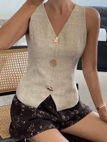 DAZY 金属扣装饰收腰V领无袖薄款外套，优雅正式，适合夏季女士穿着 - 卡其色 - 查看 6