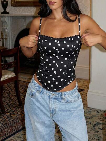 Aloruh Lady For An Elegant And Comfortable Spring Outing, Featuring Elegant And Sexy Black And White Polka Dots, Combined With Lace. Gathered Bra, Cup-Shaped Top, Tight Body-Hugging Dress, Gathered Cup, Shoulder Straps Tied With Bows. Suitable For Concerts, Country Music Concerts, Nightclubs And Sexy Parties. Sexy And Elegant Party Body-Hugging Dress, Top.