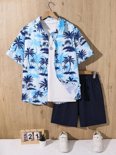 SHEIN 青少年男童休闲舒适纹理波浪条纹短袖衬衫和配套短裤套装，春夏款