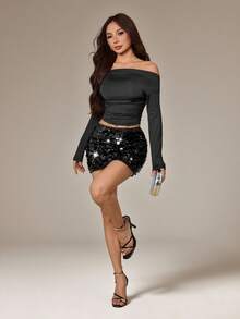 SHEIN PETITE Fustă mini mulată cu paiete, culoare uni, elegantă, pentru femei - Negru - Vizualizare 6